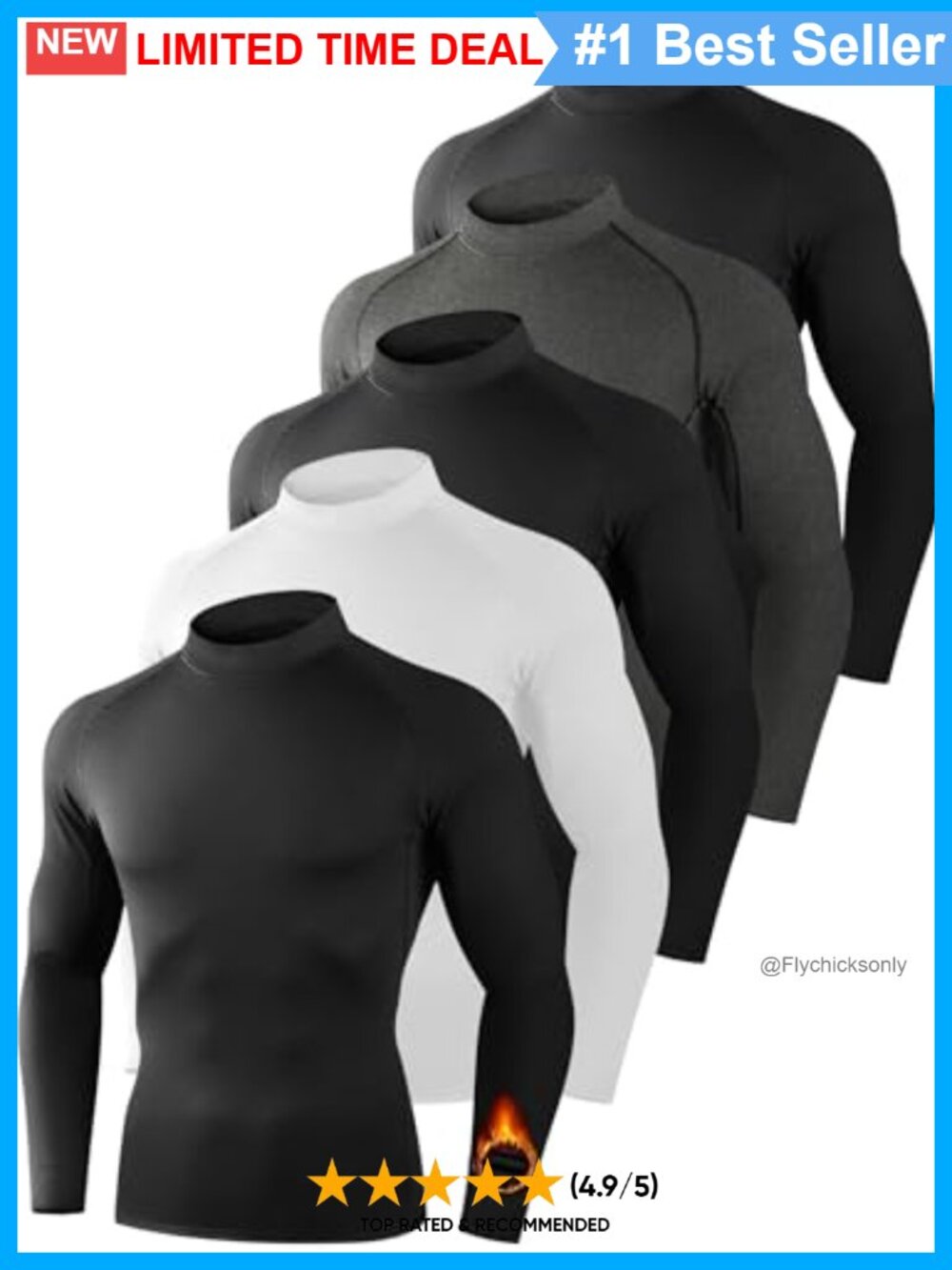 5 Pack Men's Thermal Compression Turtleneck Fleece Lined Base Layer Shirts